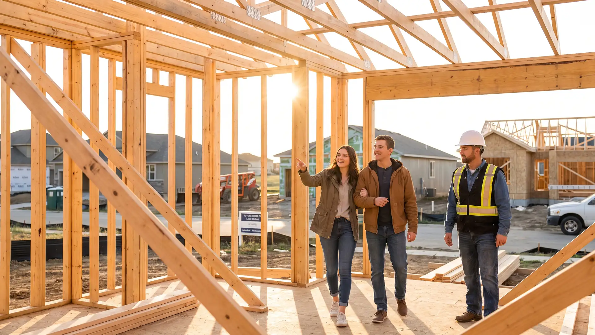 Couple touring a new-construction home site with a builder, where new building codes shape home purchase costs