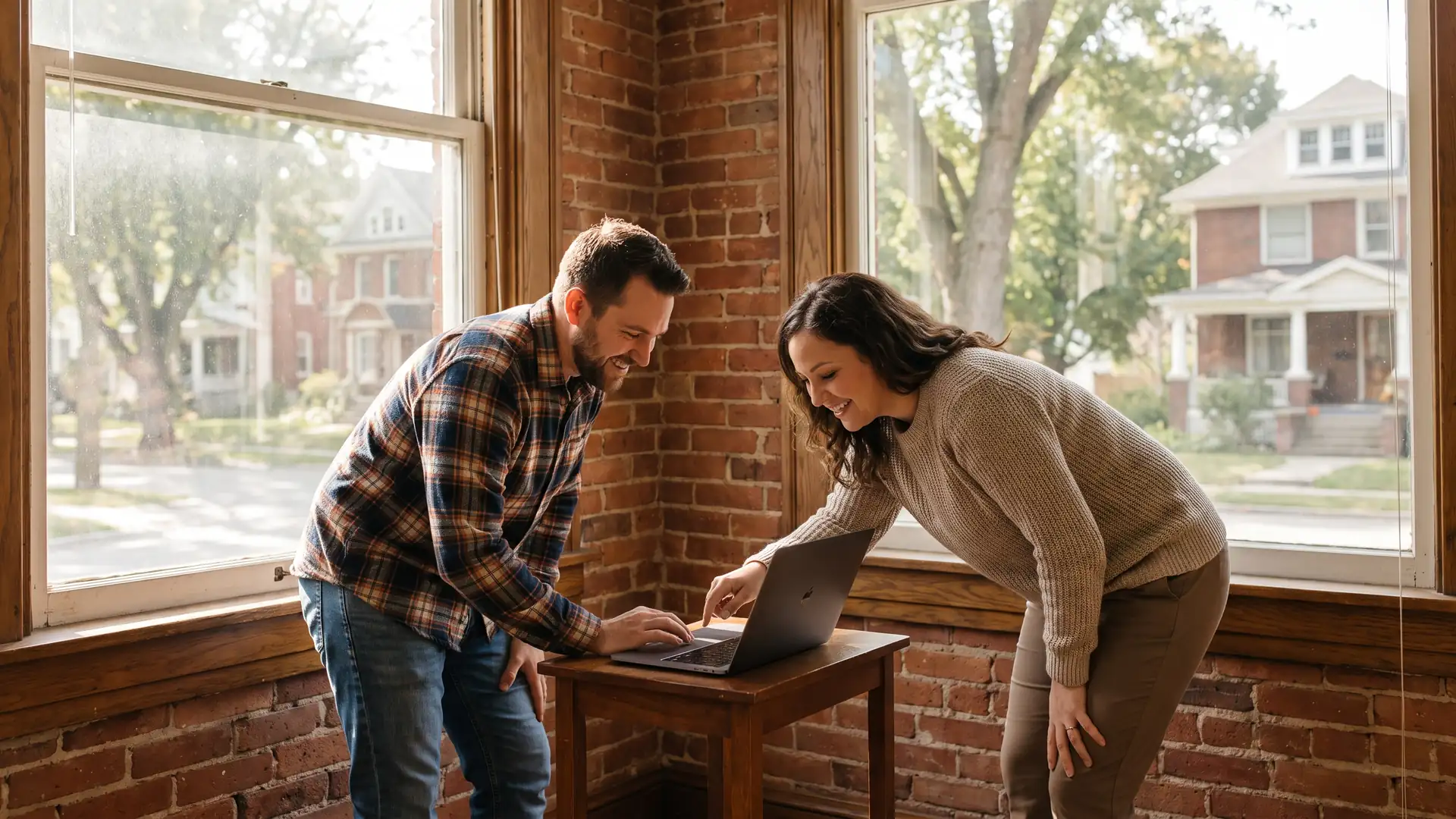 Borrower and loan advisor discussing how new mortgage regulations affect qualifying, in a sunlit office