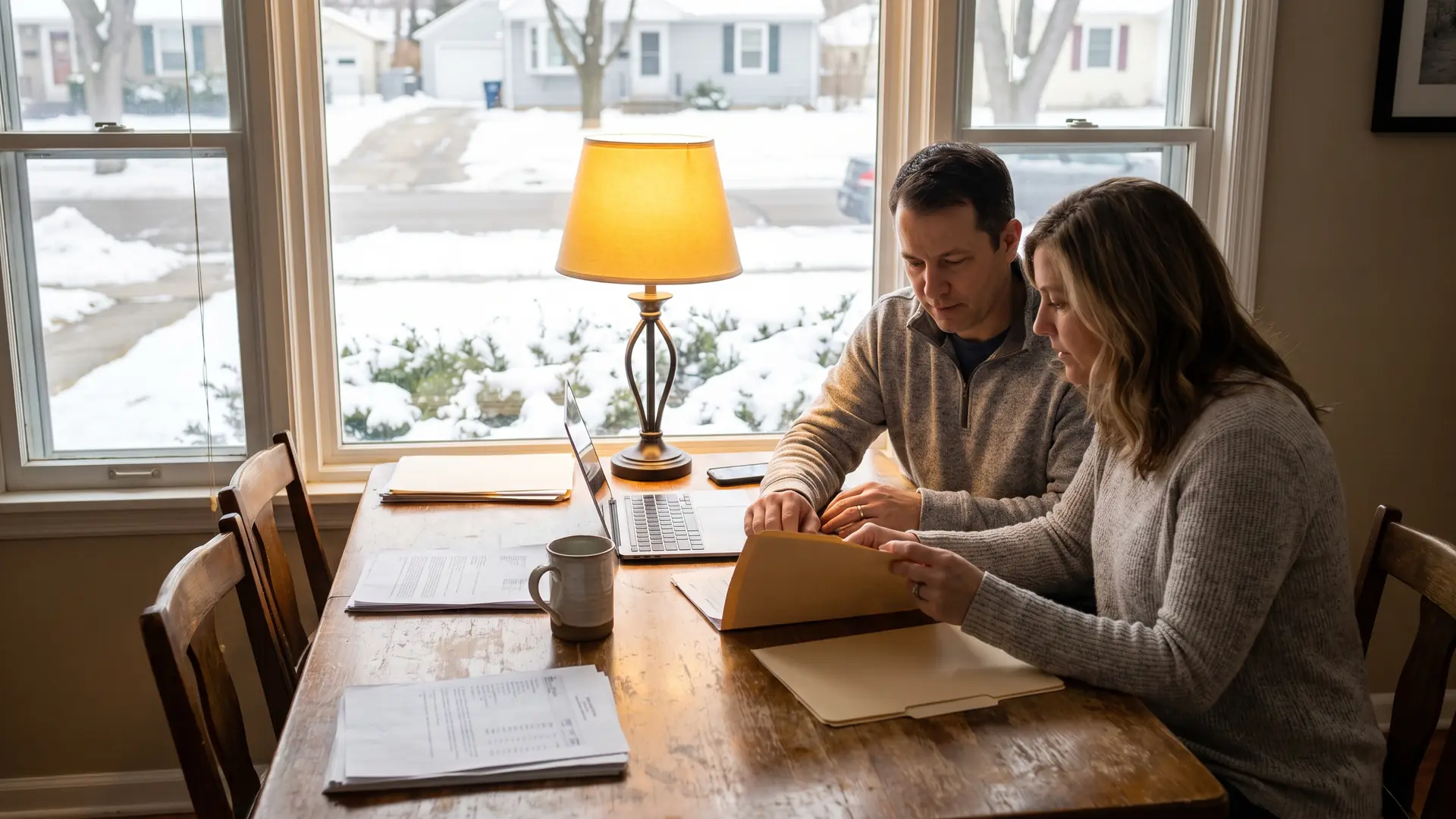 Homeowners reviewing paperwork at a dining table, illustrating how new tax laws affect homeownership costs and deductions