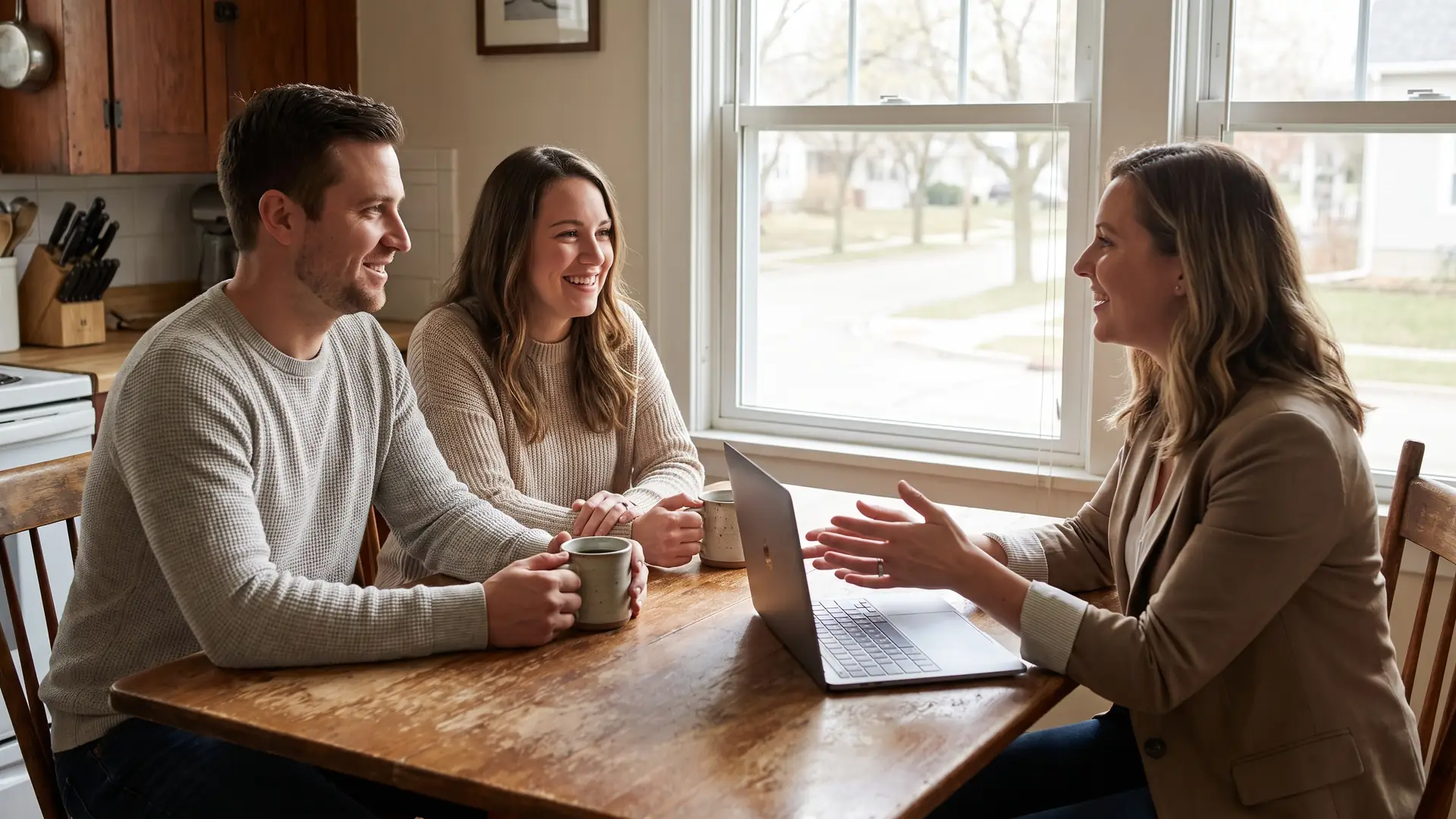 Couple meeting with a mortgage broker at a kitchen table to discuss mortgage preapproval before starting their home search
