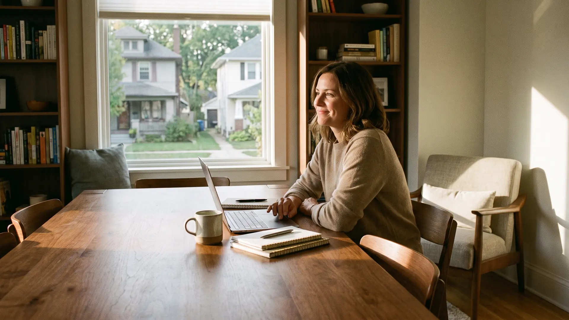 Self-employed homeowner working at her dining table, the irregular-income profile that fits an interest-only mortgage