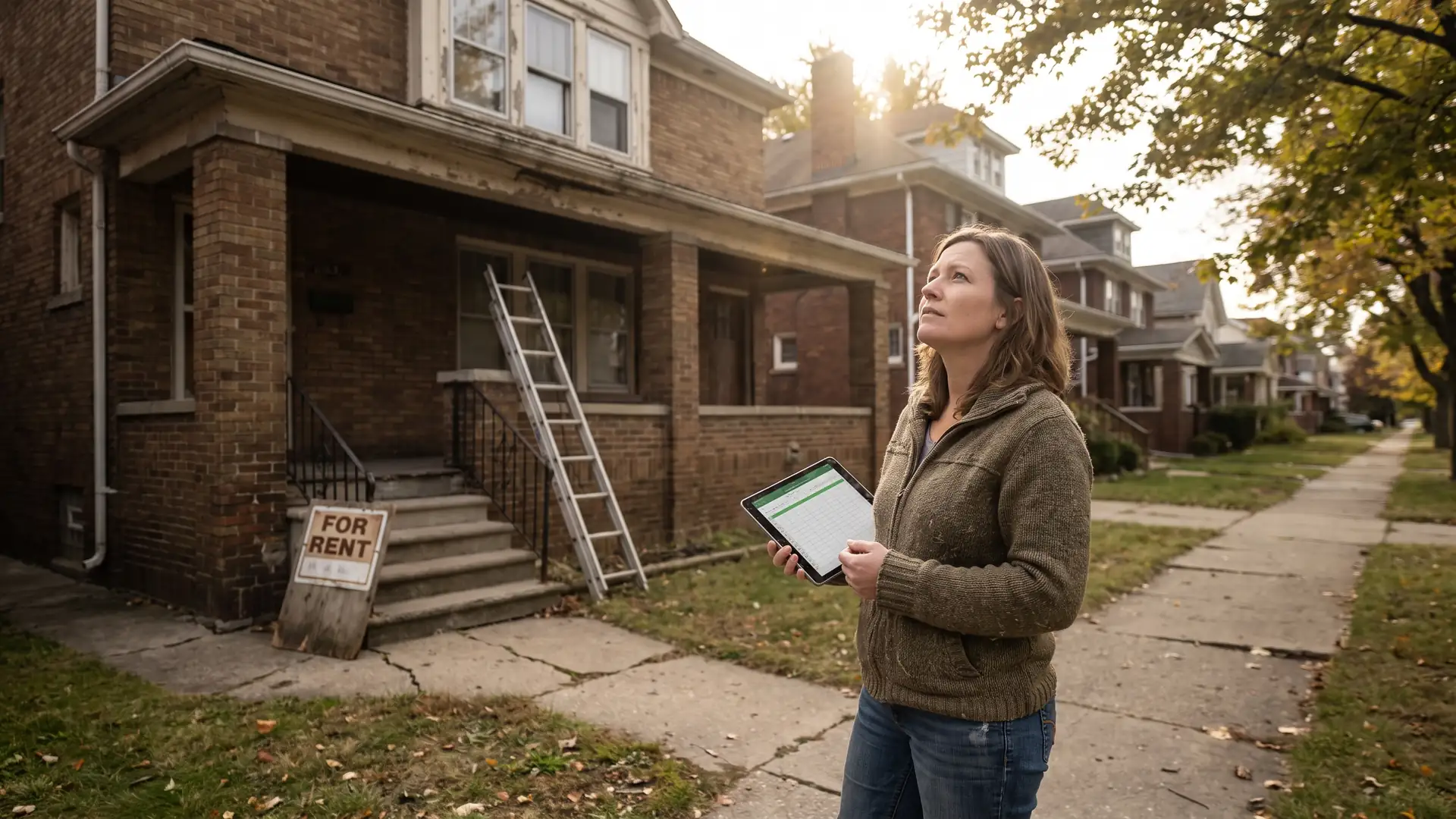 Investor reviewing numbers on a tablet outside a brick Michigan duplex she is evaluating as a rental