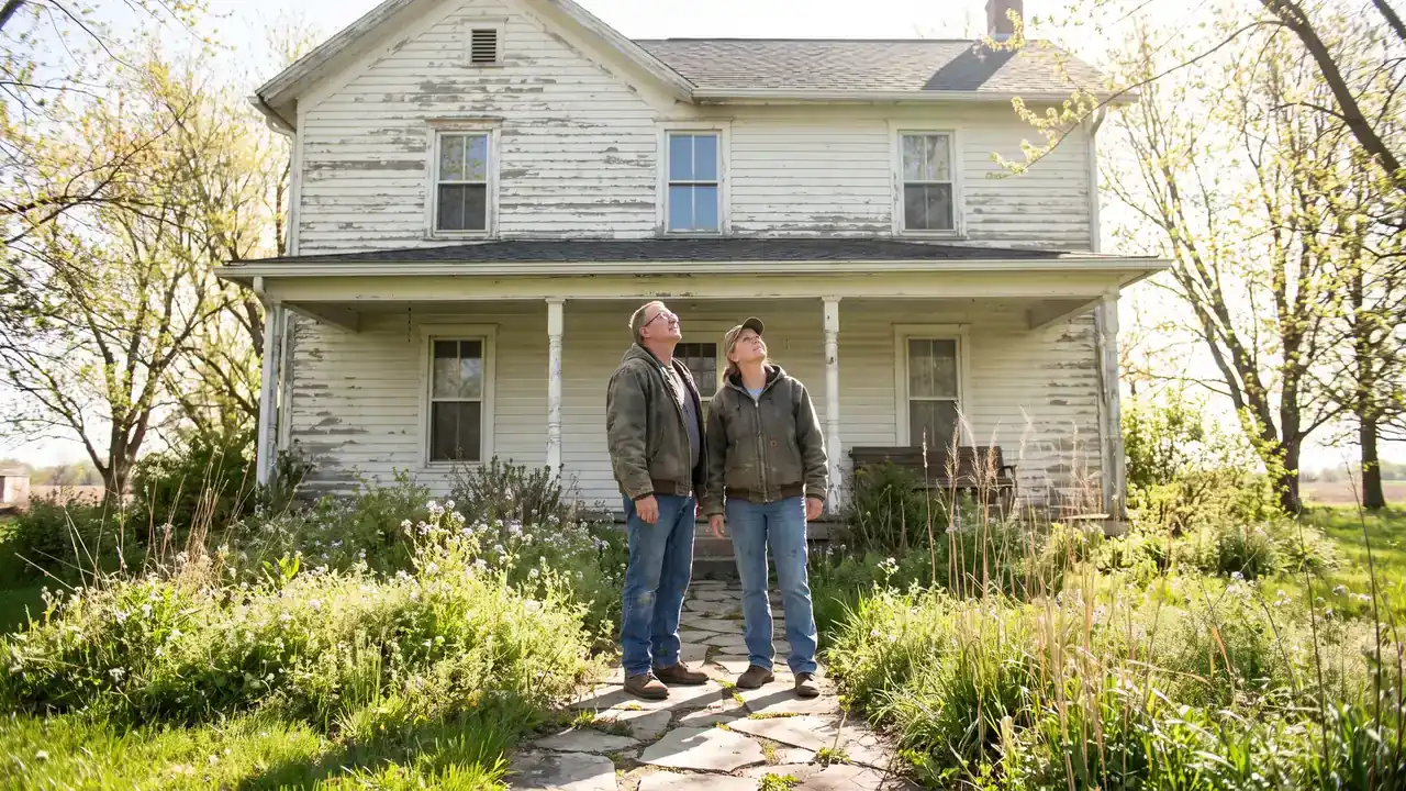Couple assessing a dated two-story house from the front walkway while considering investing in fixer-uppers