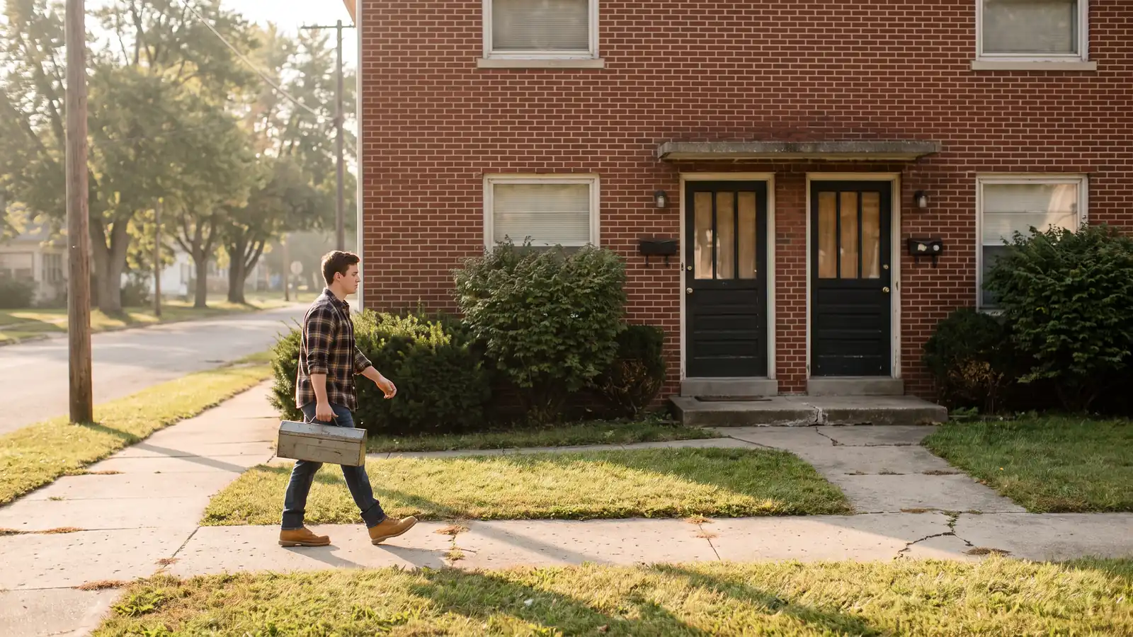 Owner walking toward the entry of a brick fourplex, illustrating investing in multi-family properties