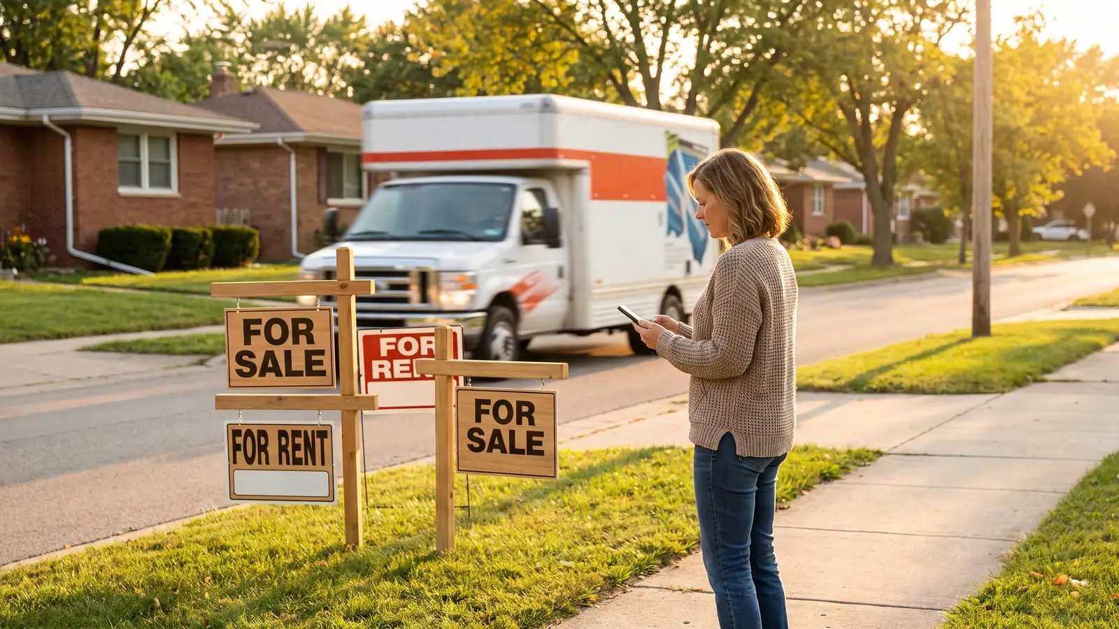 Investor studying a Midwestern residential street during a real estate market analysis of local inventory and rent demand