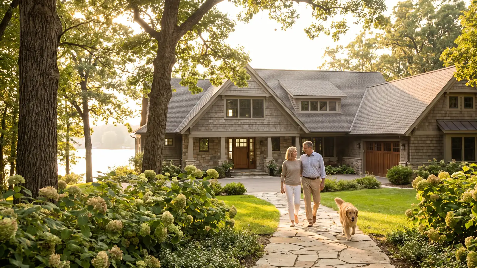 Couple approaching a large Michigan lake home financed with a jumbo loan at golden hour