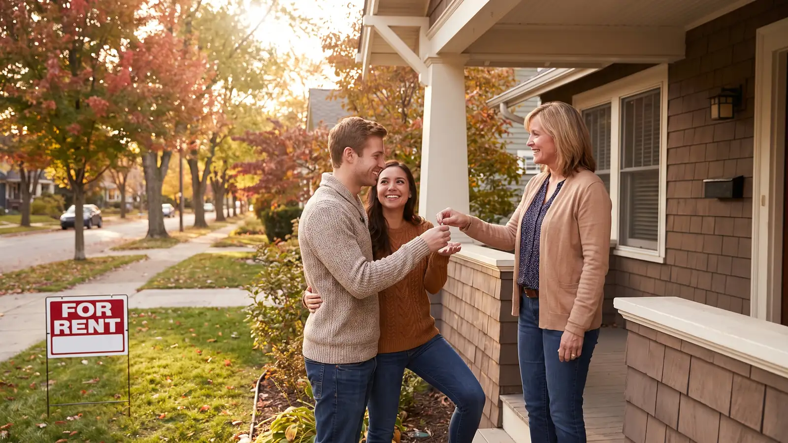 Renters receiving keys on a front porch, weighing the pros and cons of a lease option agreement on the home
