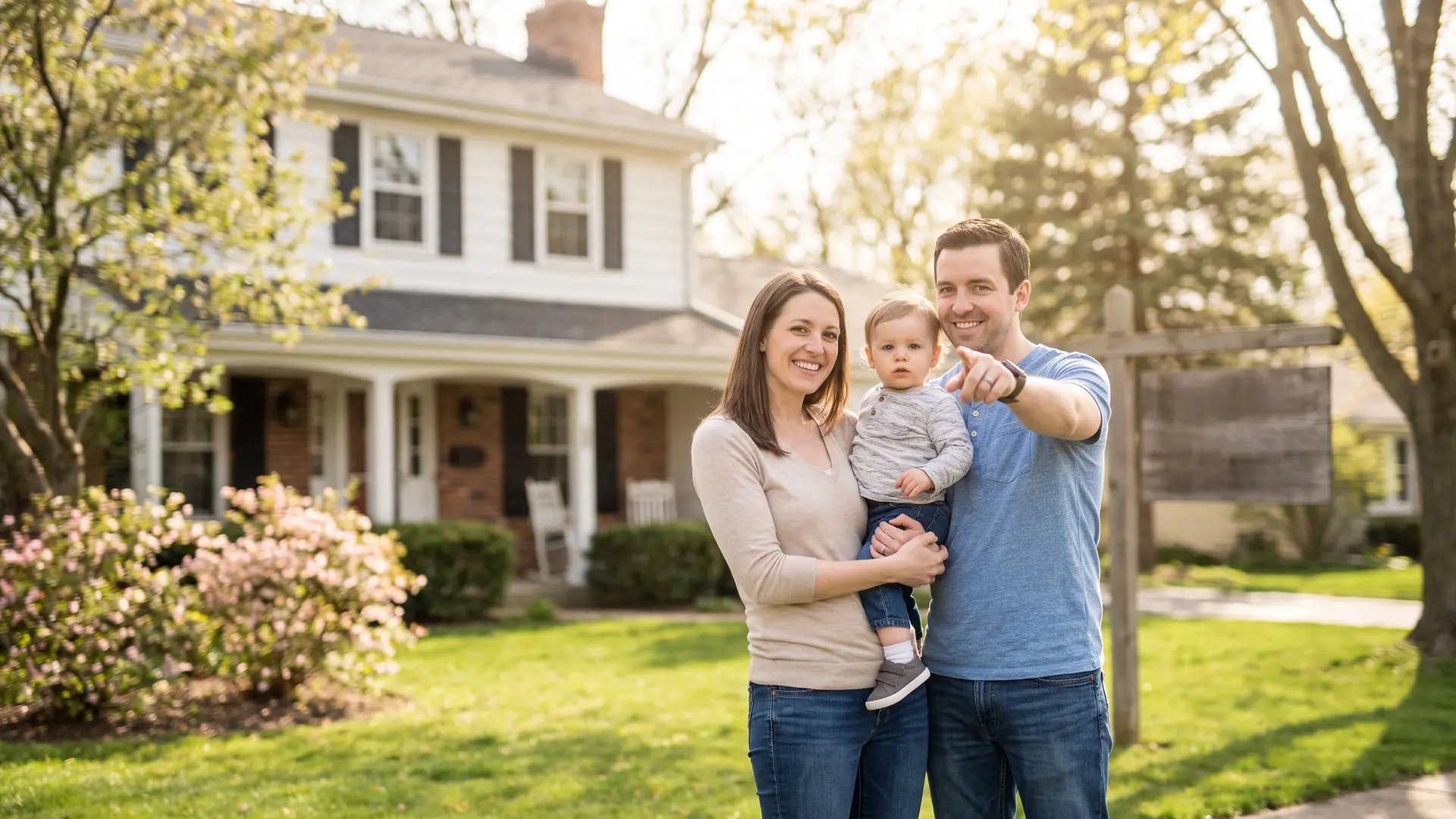 Young family admiring a suburban home while comparing lease-to-own vs. rent-to-own paths to buying it