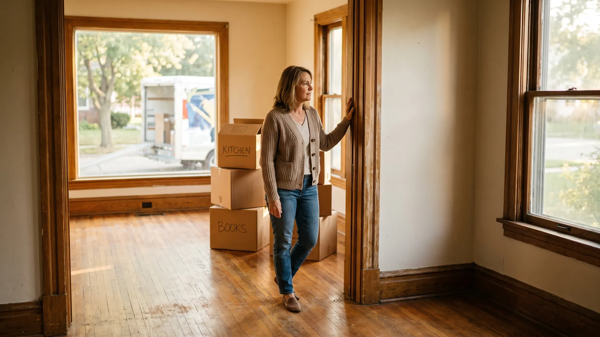 Homeowner pausing in an empty living room on moving day, reflecting on the emotions of leaving an old home