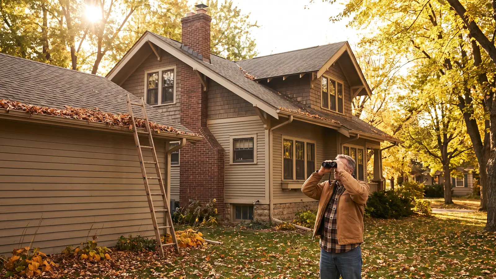 Homeowner using binoculars from the lawn to inspect shingles and chimney flashing during seasonal roof maintenance
