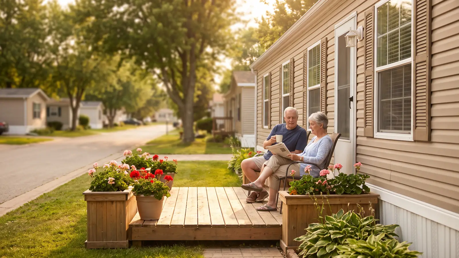 Couple on the deck of a well-kept double-wide, weighing the pros and cons of manufactured homes