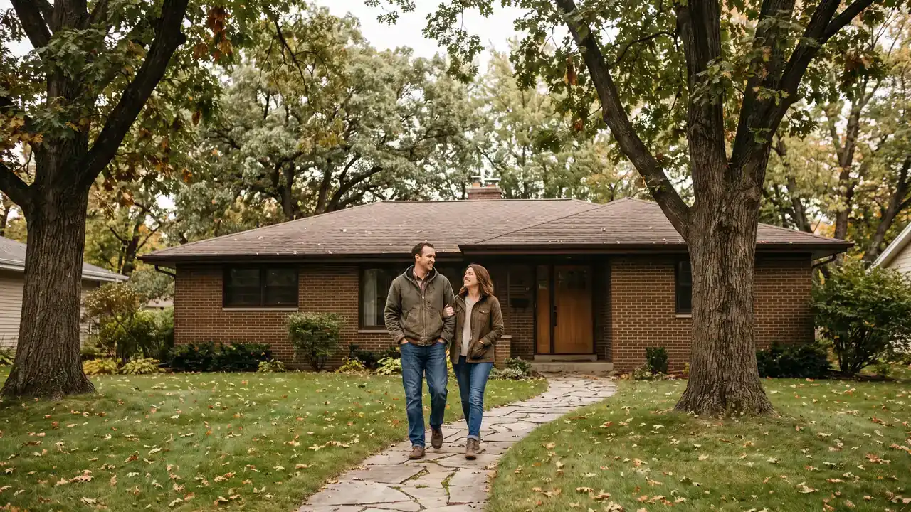 Couple walking toward a suburban house for sale, illustrating current housing market update conditions for buyers and sellers