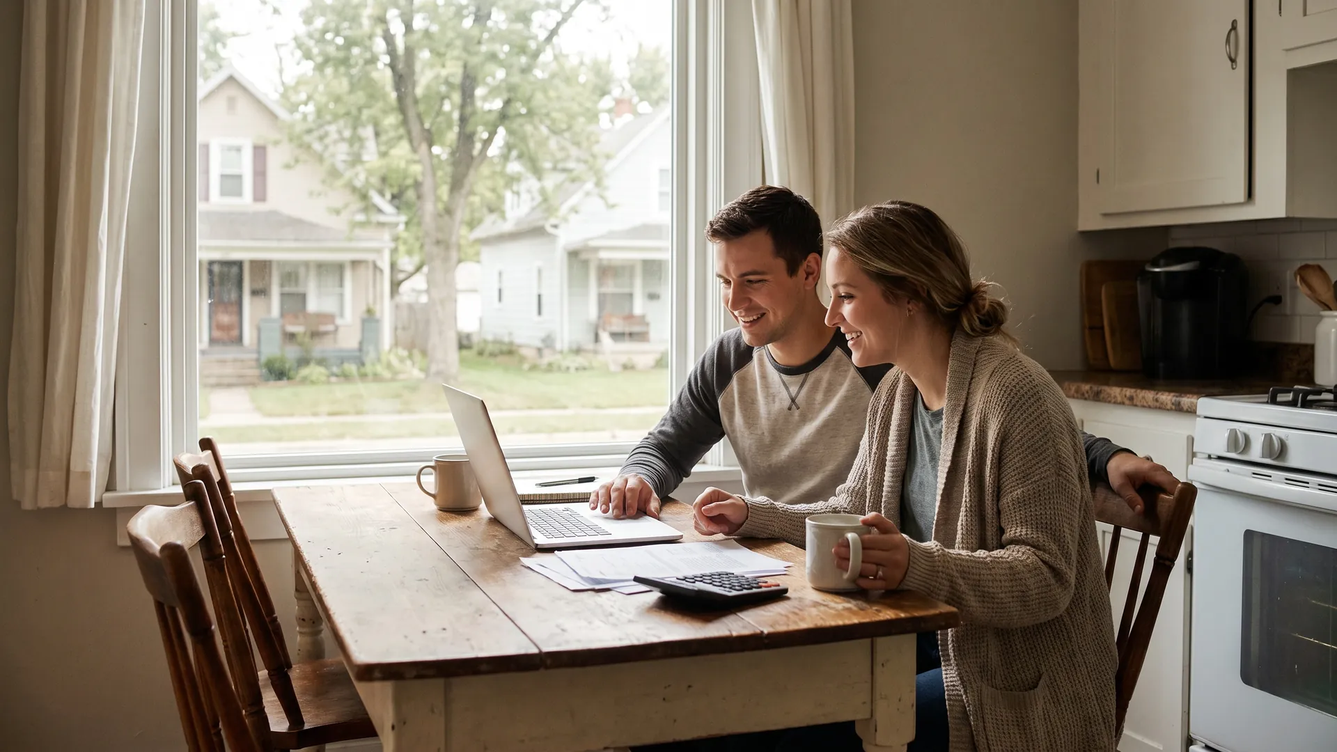 Couple at a kitchen table planning their budget and learning mortgage basics before buying their first home