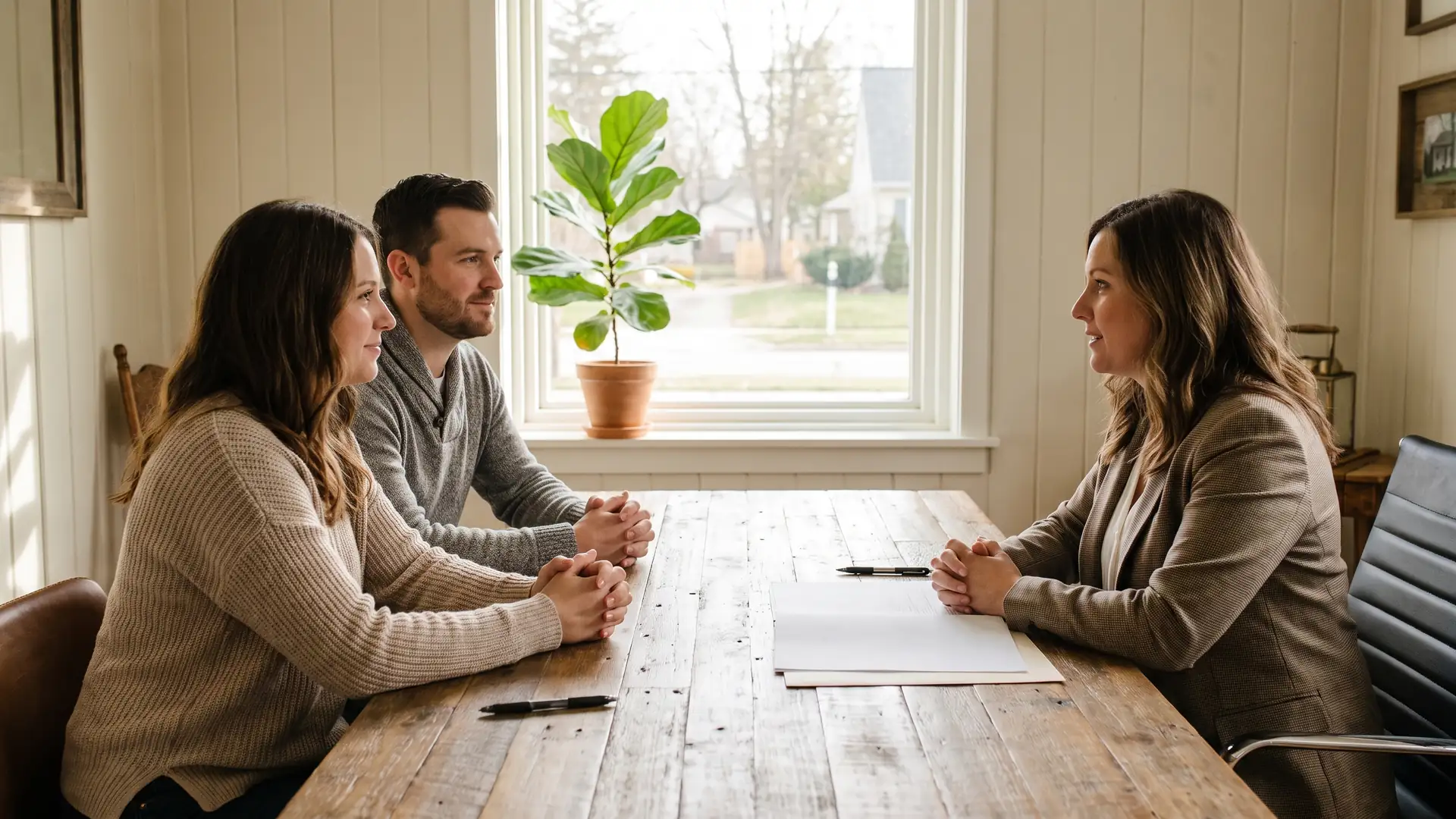 Buyers meeting a closing agent at a wooden table to finalize mortgage closing costs on a Michigan home