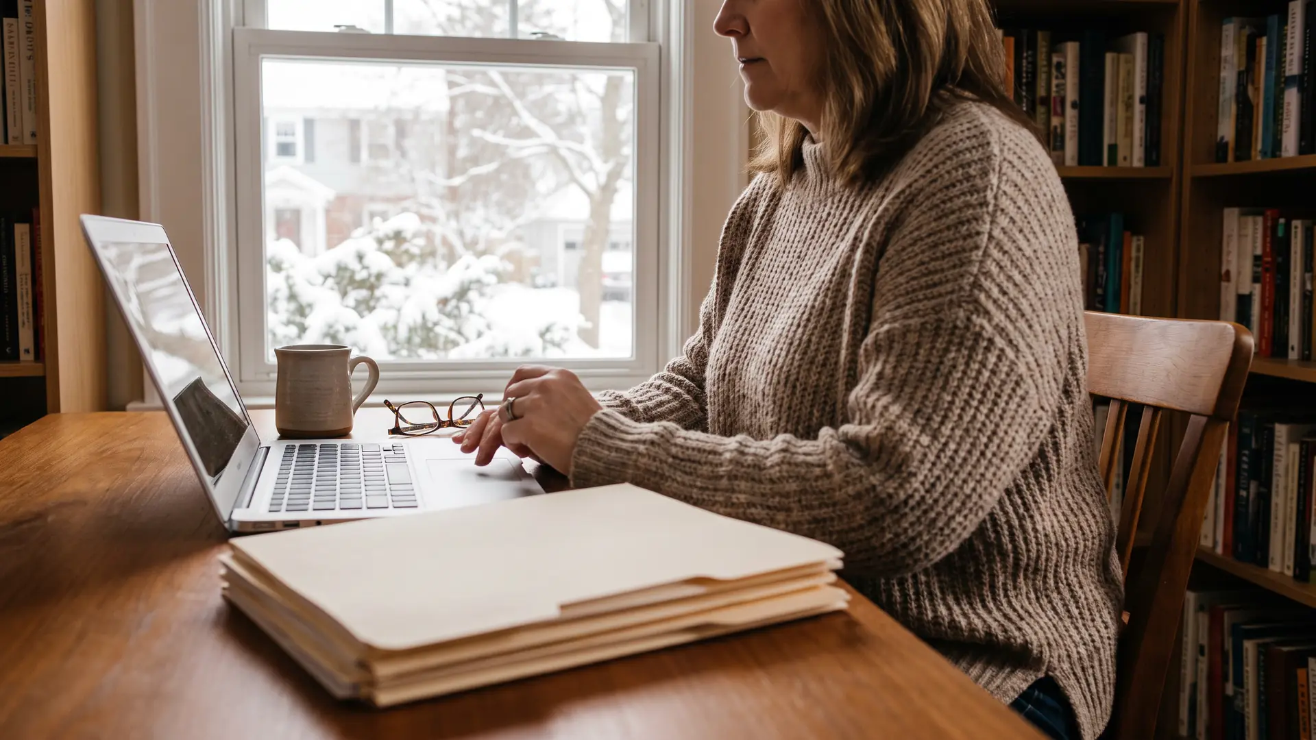 Homeowner organizing tax records at her desk to claim the mortgage interest deduction on her federal return
