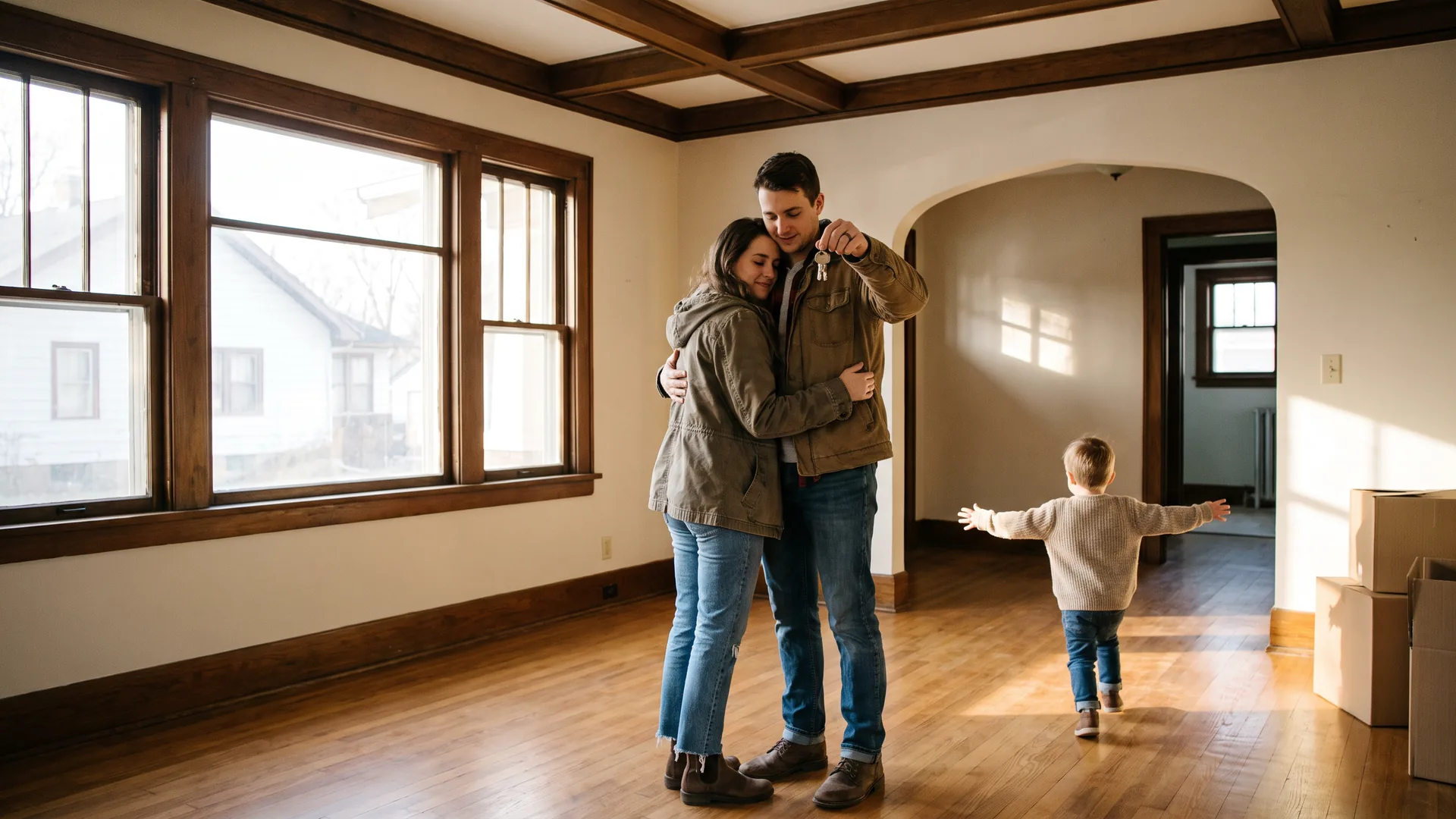 Family in an empty living room after completing the mortgage loan process and closing on their home
