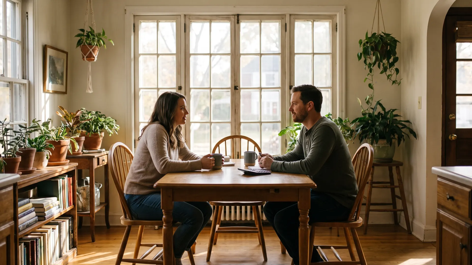 Couple at a kitchen table planning around mortgage rate predictions before buying a Michigan home