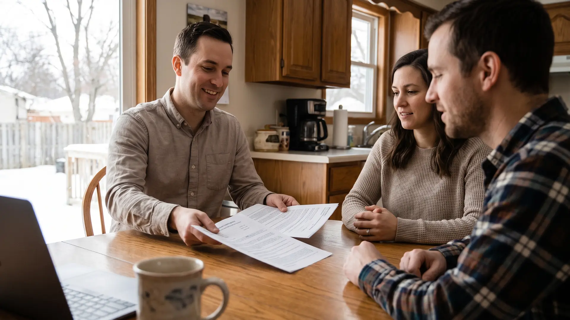 Mortgage broker comparing two loan rate quotes side by side with a couple at their kitchen table