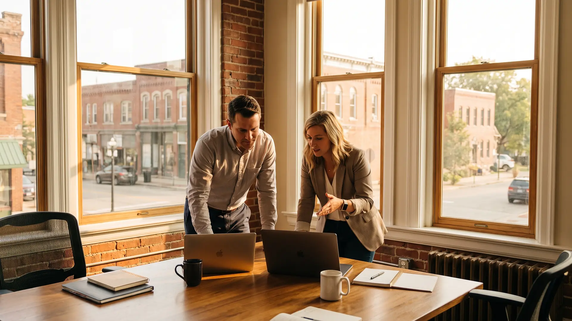 Two mortgage professionals reviewing mortgage regulation updates on laptops in a sunlit Midwestern office
