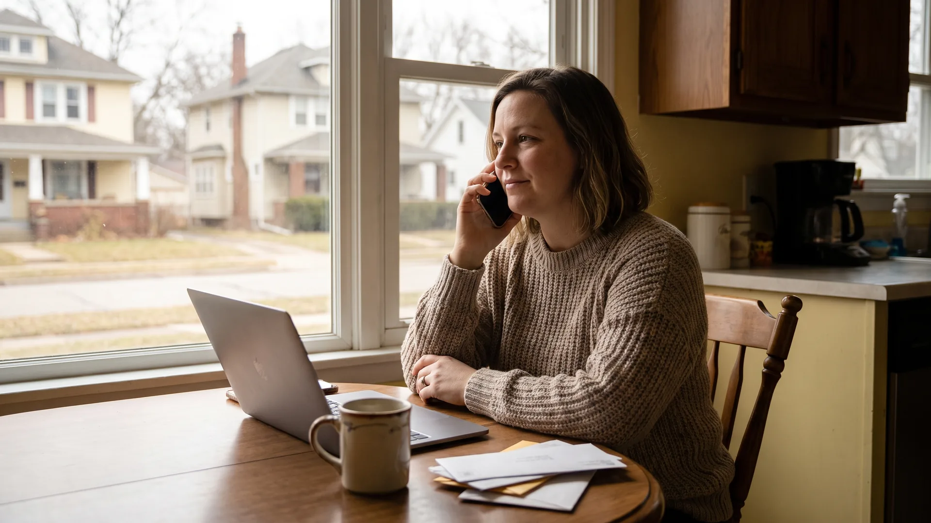 Homeowner at her kitchen table reviewing mail and calling about mortgage servicing questions on her loan account