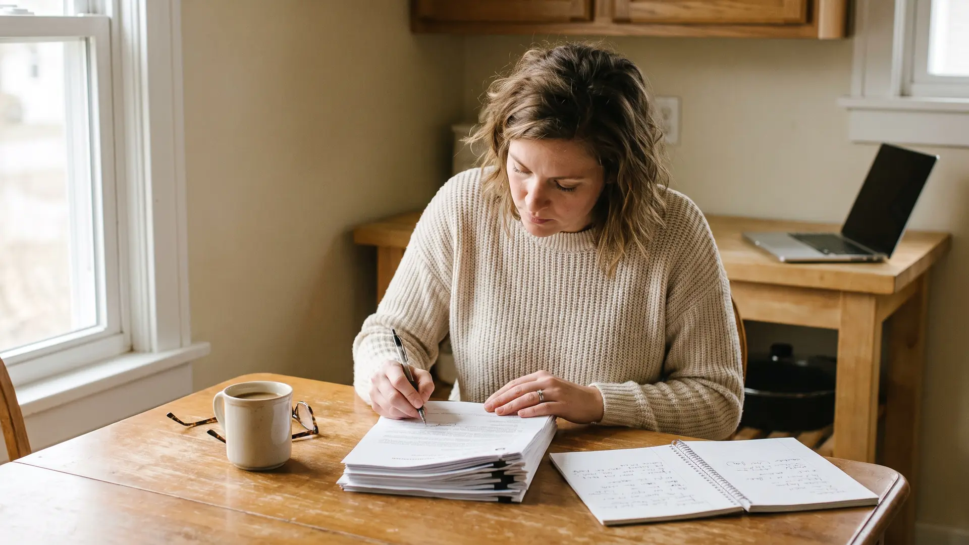Home buyer highlighting mortgage terms on a printed Loan Estimate at a kitchen table with coffee and a pen