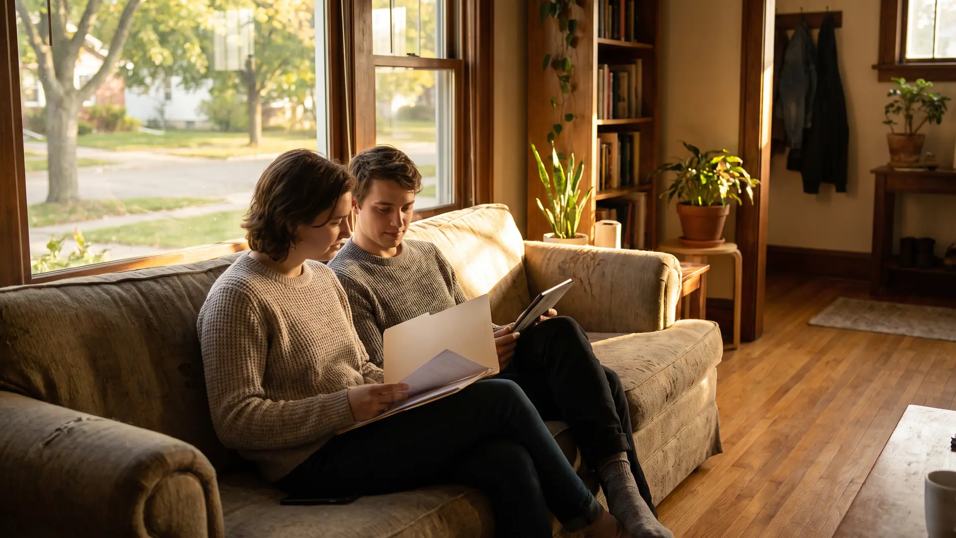 Couple organizing income and asset paperwork at home while their mortgage underwriting file is reviewed