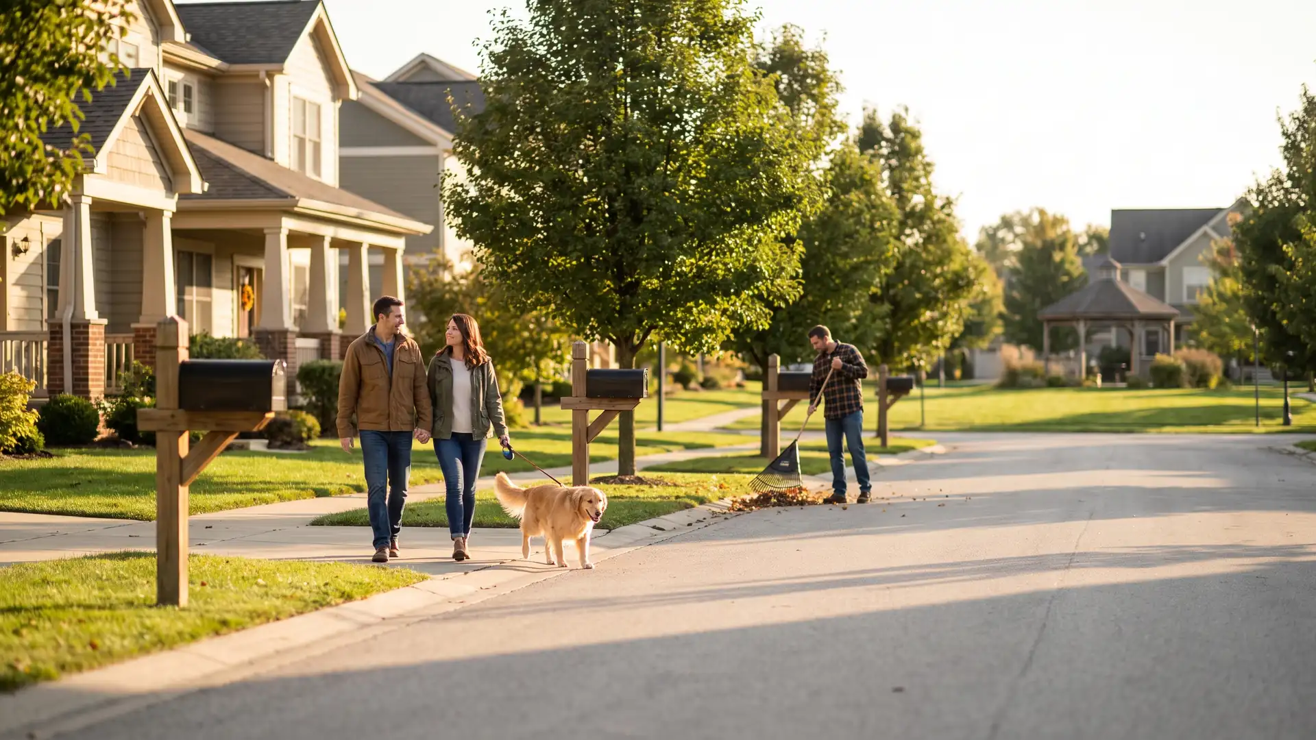 Homeowners walking a suburban street of uniform homes in a community where HOA regulations govern landscaping and exteriors