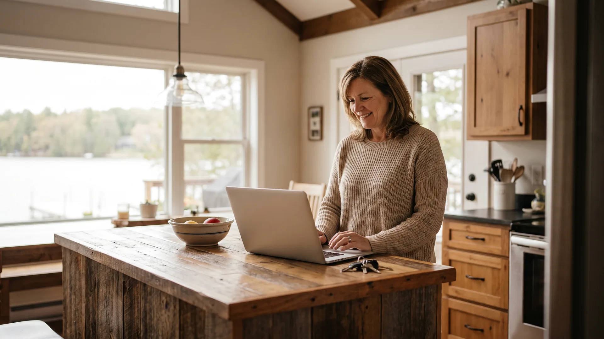 Owner reviewing paperwork at a lakeside cottage kitchen island while navigating short-term rental regulations