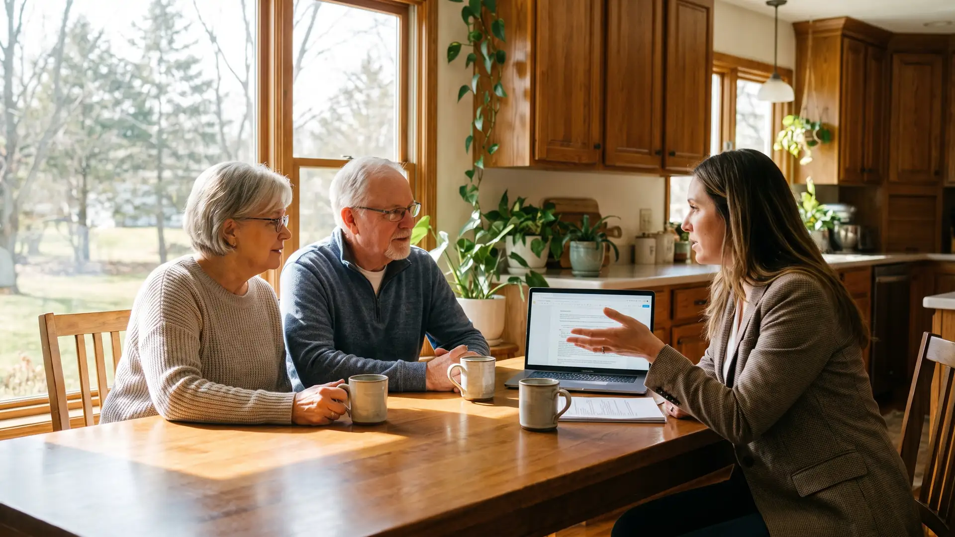 Buyers and their agent at a kitchen table discussing strategy while negotiating a home purchase