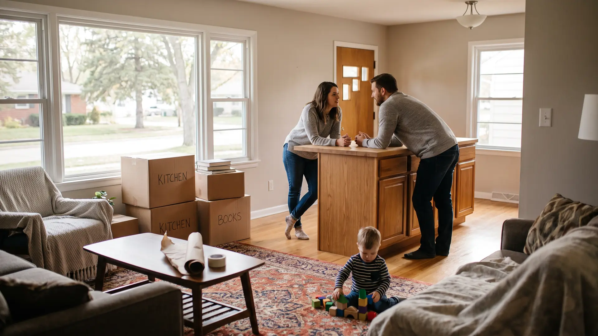 Family living among packed moving boxes in a sold home during a negotiated leaseback agreement period