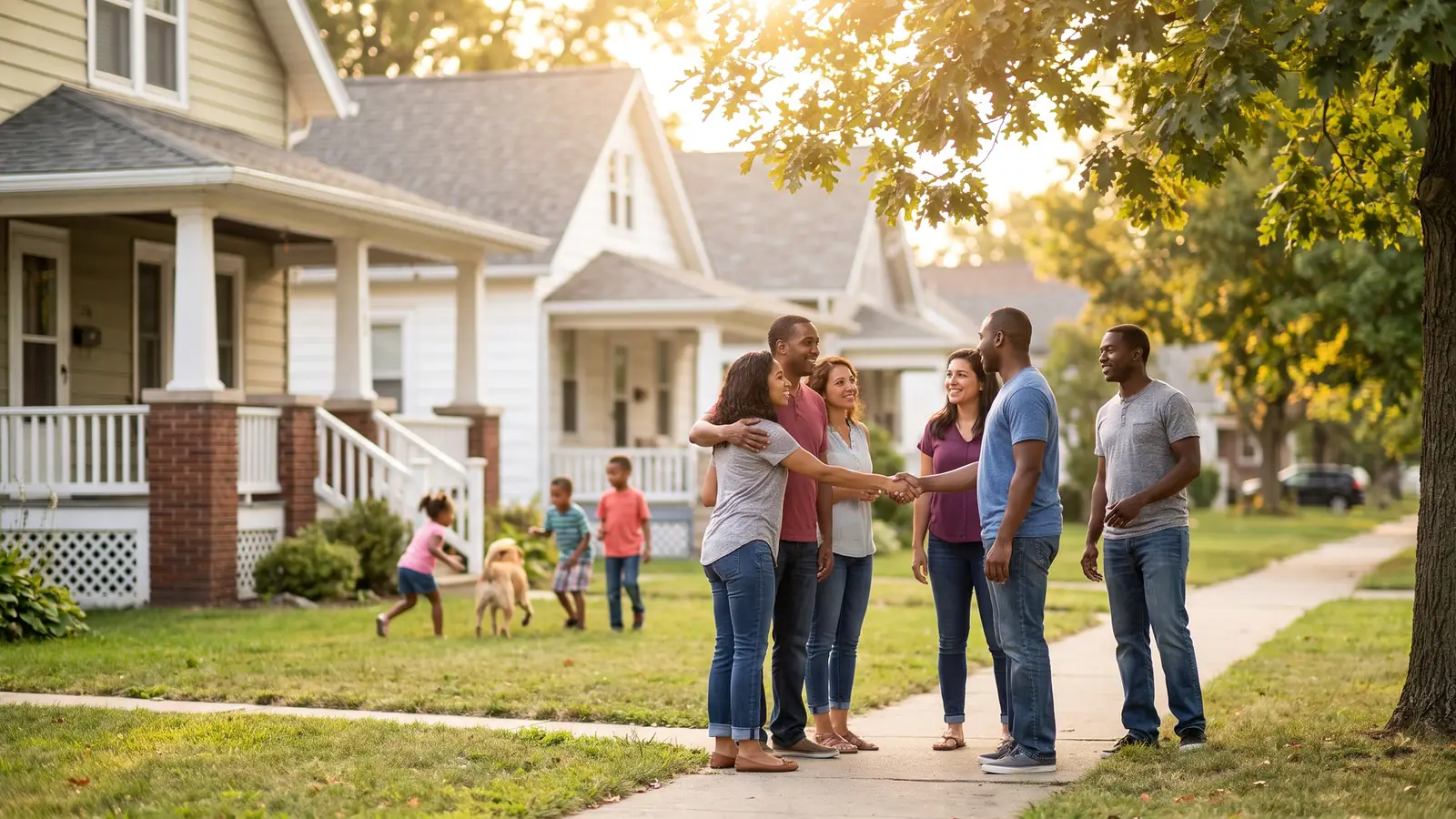 Neighbors greeting each other on a Midwestern street, illustrating fair housing law protections