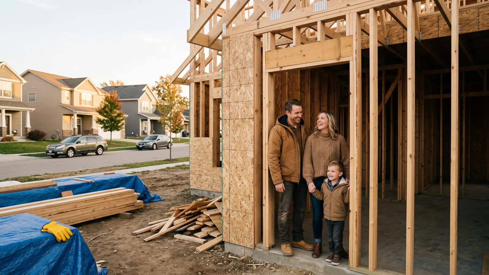 Family visiting their framed house at a new home construction site in a Midwestern subdivision