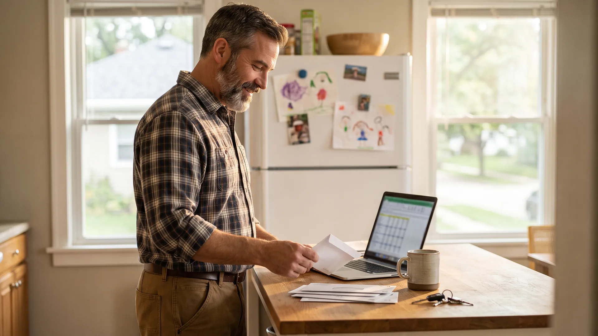 Homeowner opening a mortgage statement and property tax bill at a sunlit kitchen counter while sorting household mail