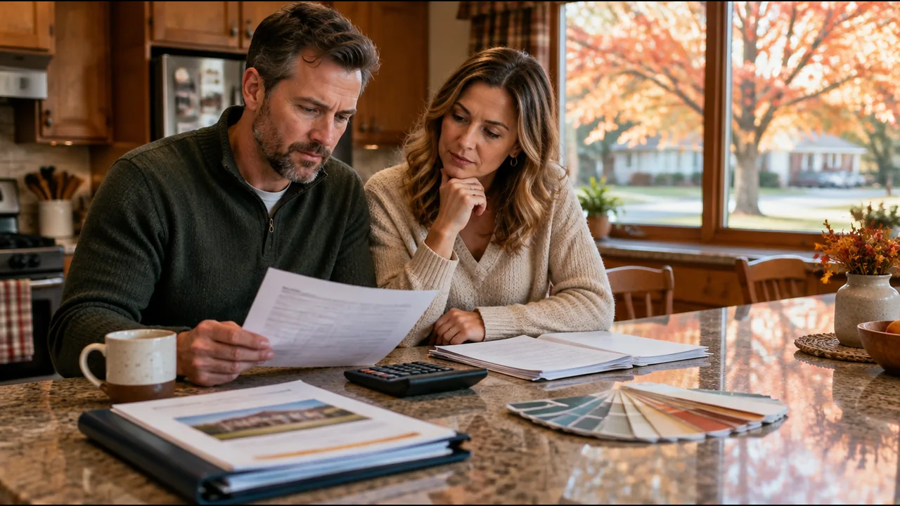 A couple at a kitchen island comparing loan paperwork beside a calculator, a contractor's folder and paint swatches, autumn trees in the window