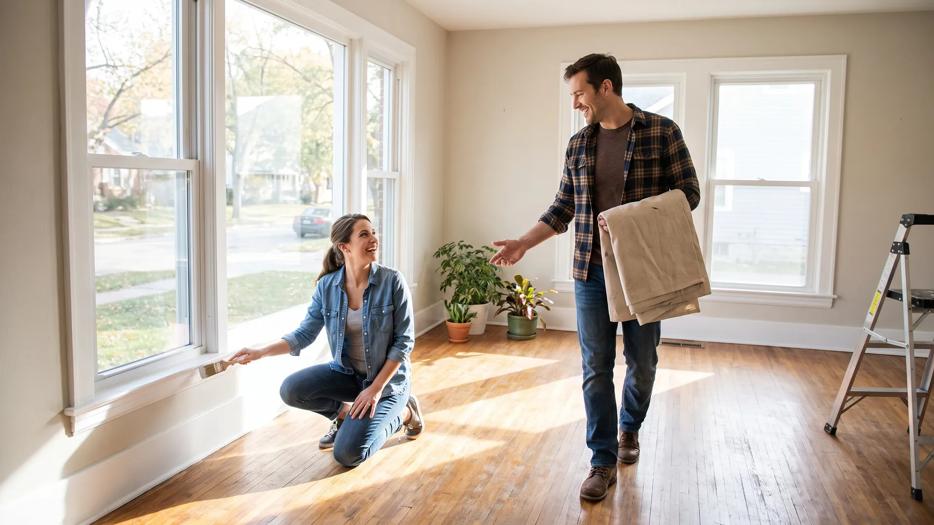 Couple touching up trim paint in an empty living room while preparing a home for sale