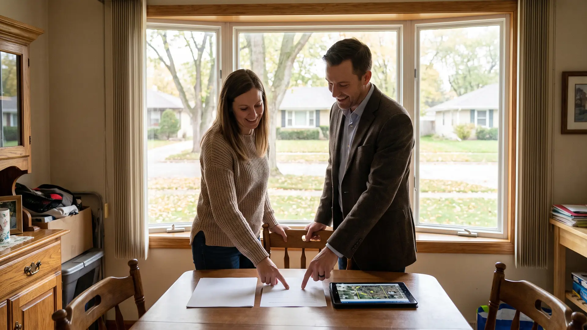 Homeowner and agent comparing recent comparable sales at a dining table while pricing a home for sale
