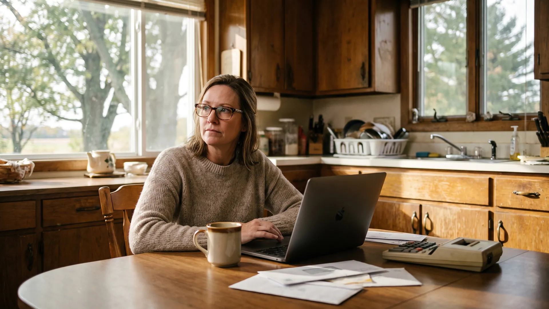 Homeowner at a kitchen table reviewing a property tax assessment notice and comparable sales on a laptop