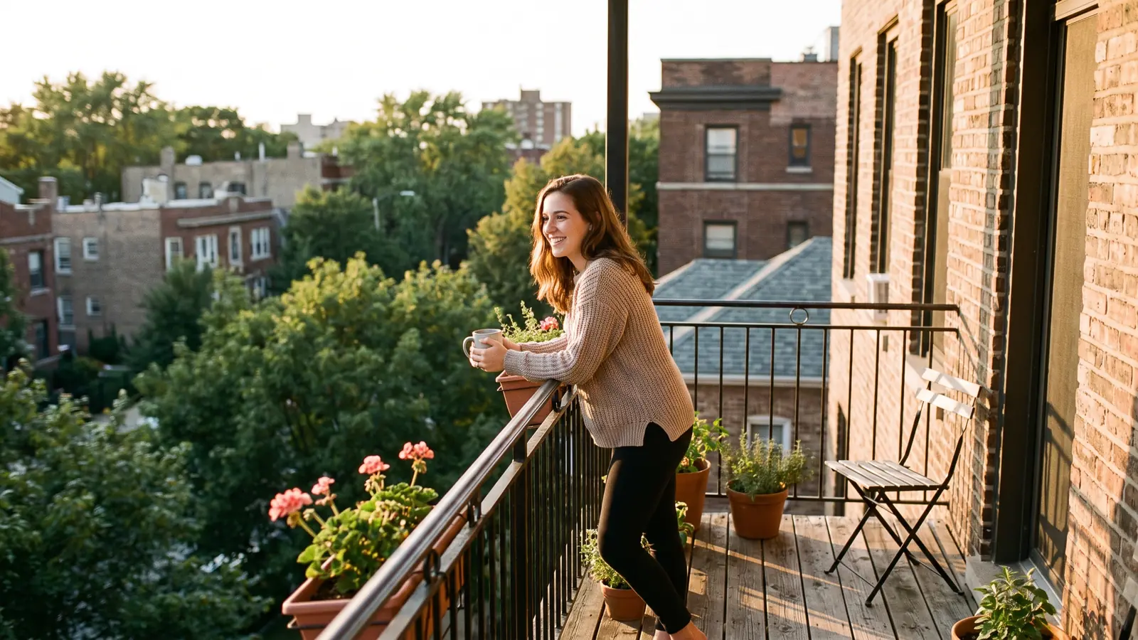 Young owner relaxing on a condo balcony overlooking downtown, weighing the pros and cons of buying a condo