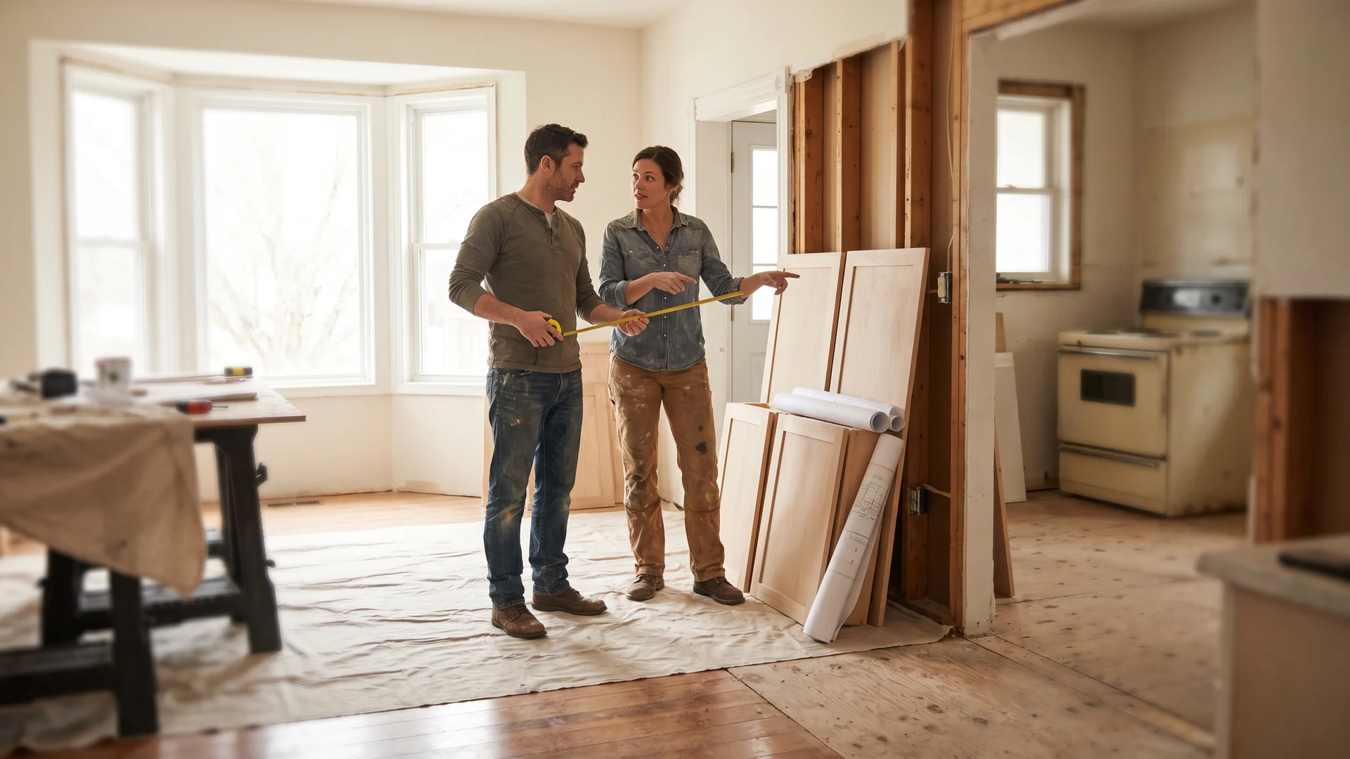 Couple in a kitchen renovation weighing the pros and cons of cash-out refinancing