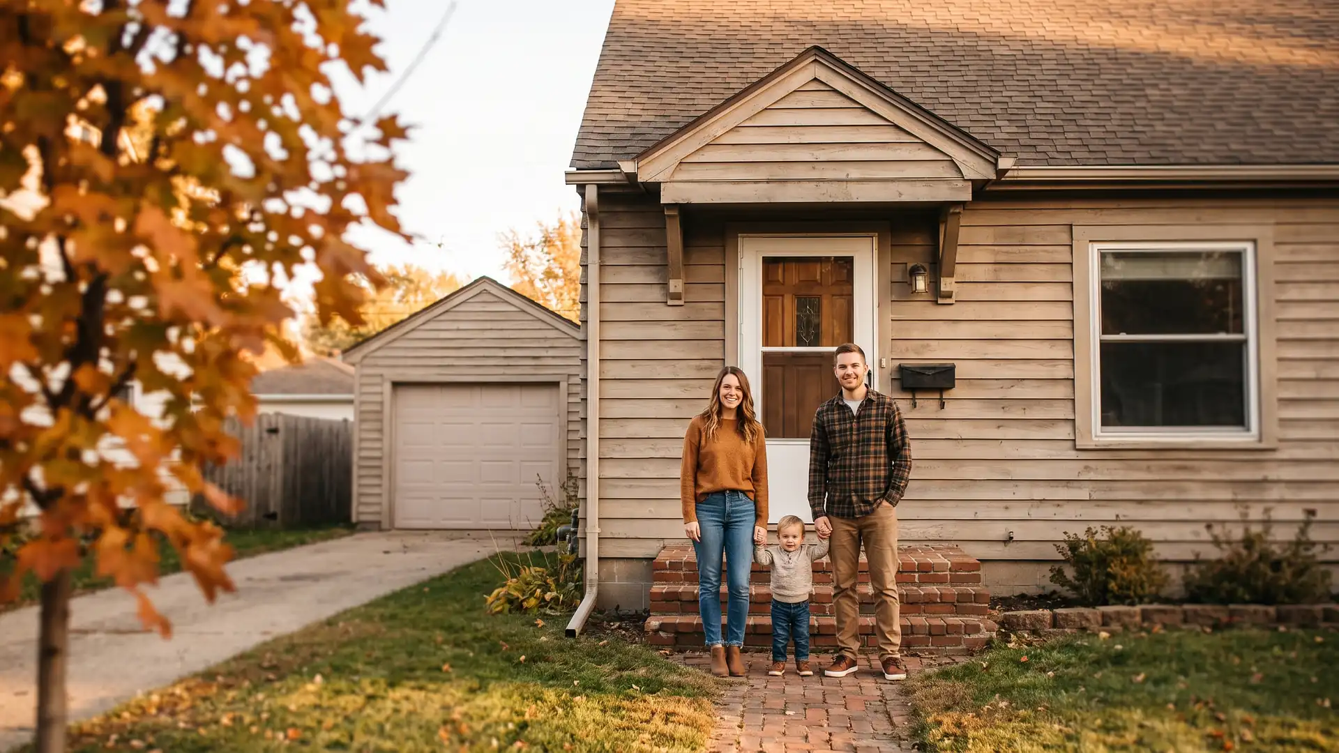 Young family outside their starter home weighing the pros and cons of refinancing an FHA loan