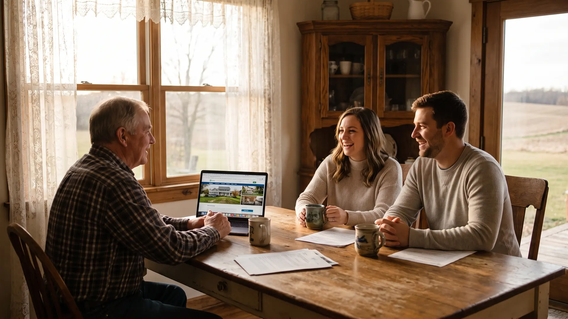 Homeowner and young couple discussing seller financing terms across a dining table in a Michigan farmhouse