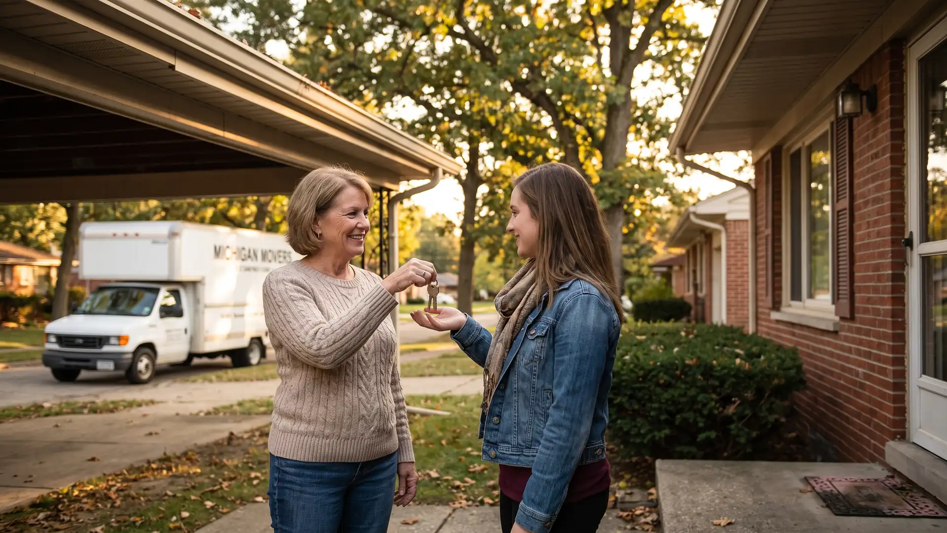 Homeowner handing over keys on a porch after selling to a cash buyer, moving truck waiting at the curb