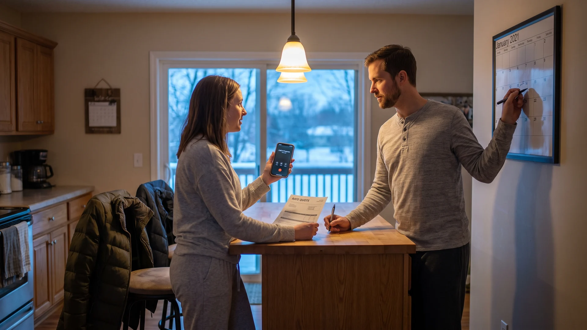 Couple at a kitchen island marking a calendar date while deciding whether to lock their mortgage rate