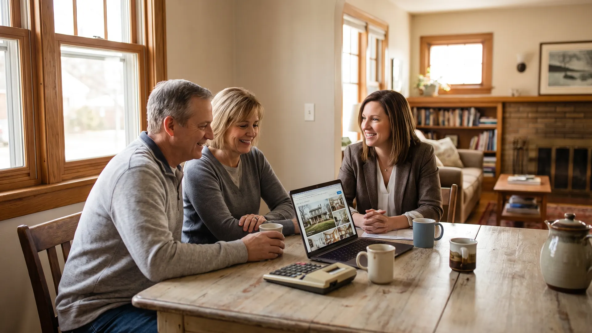 Sellers reviewing real estate agent commissions with their agent at a dining table in a Michigan home