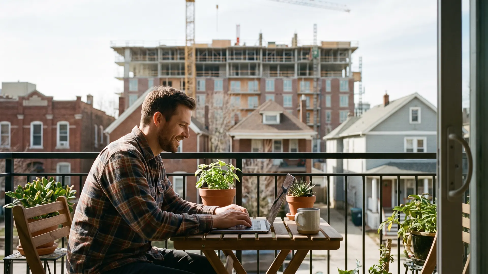 Investor reviewing deals on a laptop with a residential development in the background, illustrating real estate crowdfunding