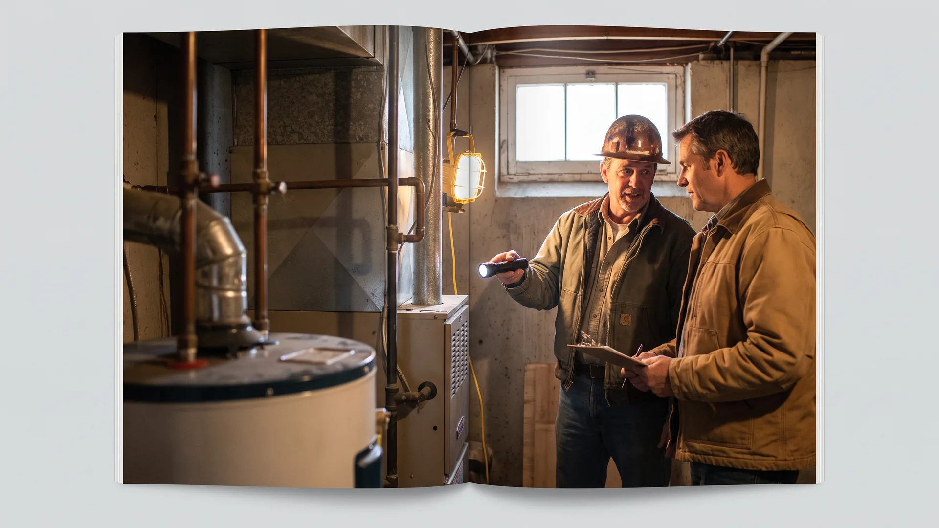 Inspector and investor examining basement mechanicals during real estate due diligence on a rental property
