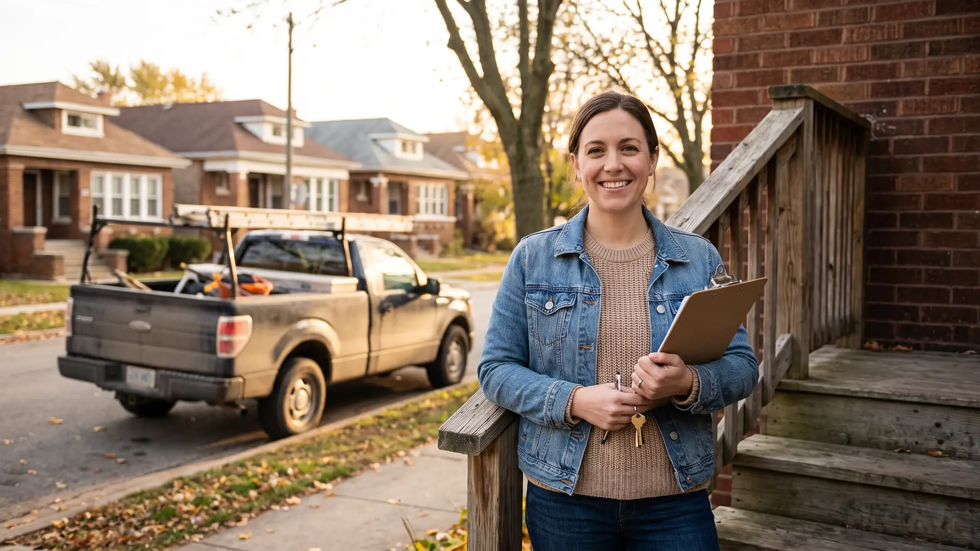 Investor holding keys on the front porch of a Midwestern duplex she bought as a rental property