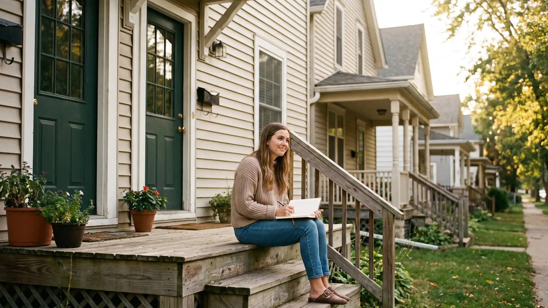 Beginner investor sitting on the steps of a duplex she house hacks as a first real estate investment strategy