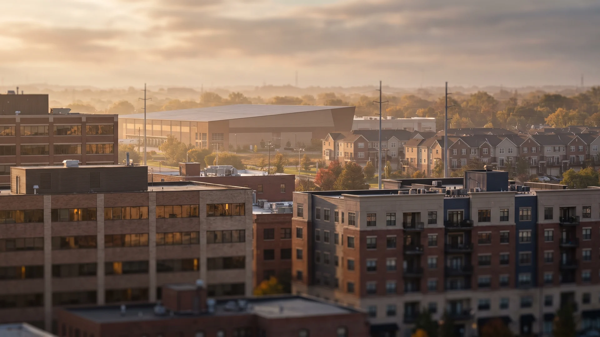 Midwestern downtown skyline with apartment, office and industrial buildings representing the property sectors REITs own