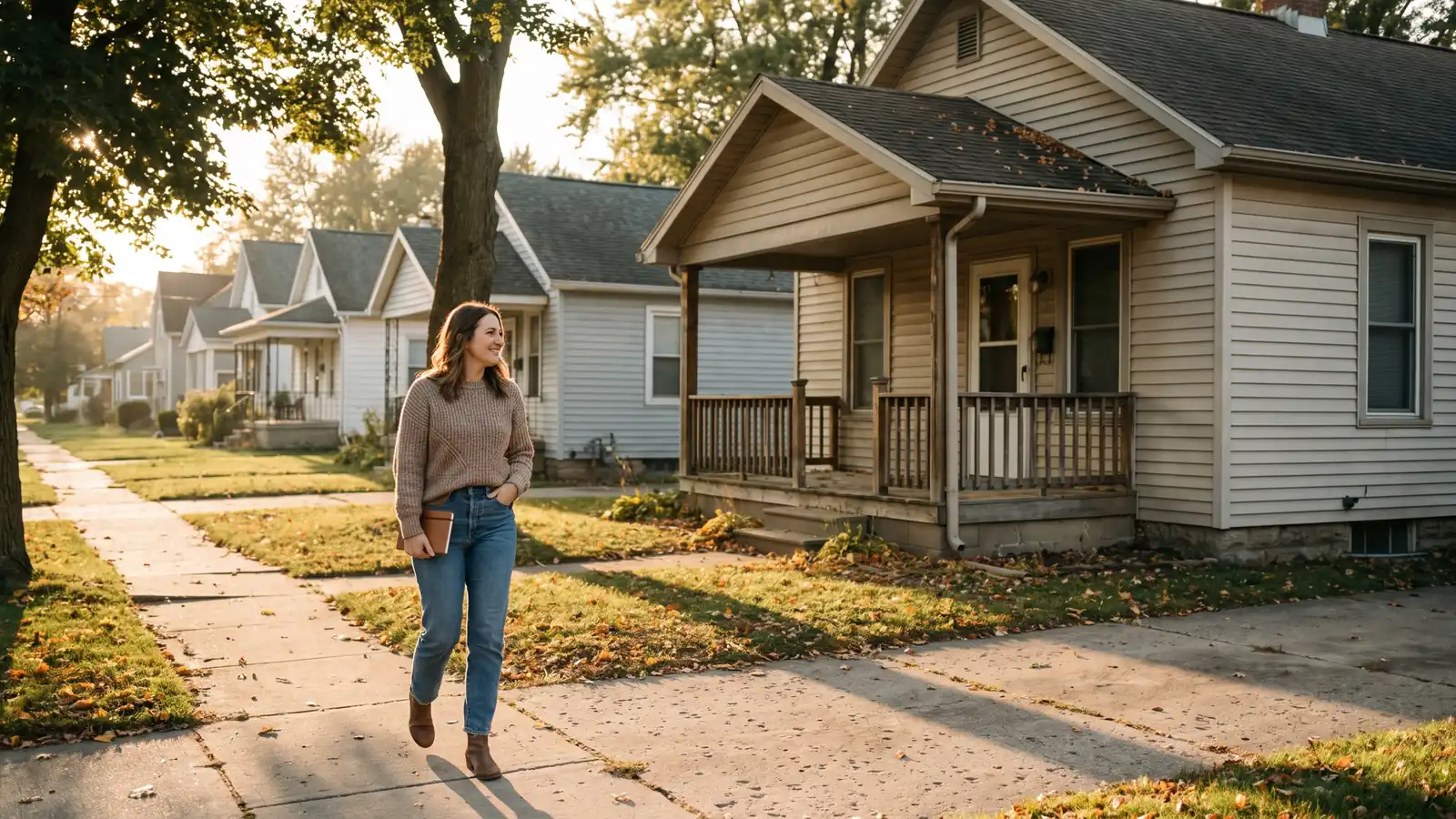 Investor walking a street of rental homes, illustrating how real estate leverage builds a portfolio